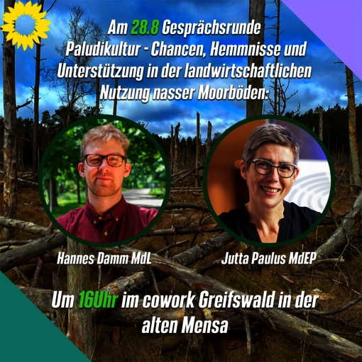 Podiumsdiskussion zu Paludikultur mit Jutta Paulus und Hannes Damms (Post: Büro Hannes Damms) Podiumsdiskussion zu Paludikultur mit Jutta Paulus und Hannes Damms (Post: Büro Hannes Damms)