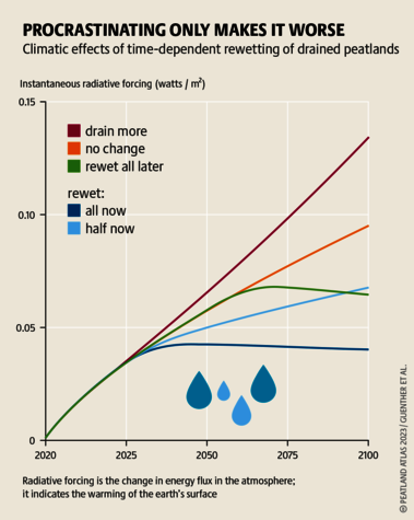 A study of 2020 shows: A key factor in climate crisis mitigation is the prompt rewetting of all drained peatlands. Source: Peatland atlas Böll/BUND/Succow-Stiftung