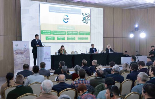 Plenary: (from left to right) H.E. Aziz Abdukhakimov, Minister of Ecology, Environmental Protection and Climate Change of the Republic of Uzbekistan, and Dr Grethel Aguilar, IUCN Director General, H.E.  Bakhodur Sheralizoda, Chairman of Committee for Environmental Protection under the Government of the Republic of Tajikistan, and Dr Bettina Hoffmann, Parliamentary State Secretary, Federal Ministry for the Environment, Nature Conservation, Nuclear Safety and Consumer Protection (BMUV), and Dr Grethel Aguilar, IUCN Director General; Photo credit: Ministry of Ecology, Environmental Protection and Climate Change of Uzbekistan