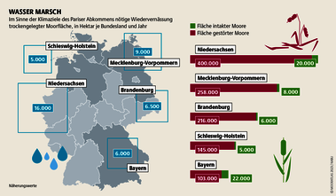 Intakte Moore? Kaum noch existent. Die Wiedervernässungsquoten? Ambitioniert. Für die Klimaziele aber unabdingbar. Quelle: Mooratlas Böll/BUND/Succow-Stiftung