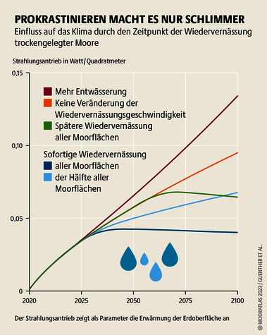 Eine Studie von 2020 zeigt: Ein wichtiger Baustein im Kampf gegen die Klimakrise ist die sofortige Wiedervernässung aller trockener Moore. Quelle: Mooratlas Böll/BUND/Succow-Stiftung