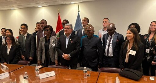 Umweltminister*innen sowie Führungskräfte aus NGOs und der Privatwirtschaft bei der Ständigen Vertretung Perus bei den Vereinten Nationen in New York.