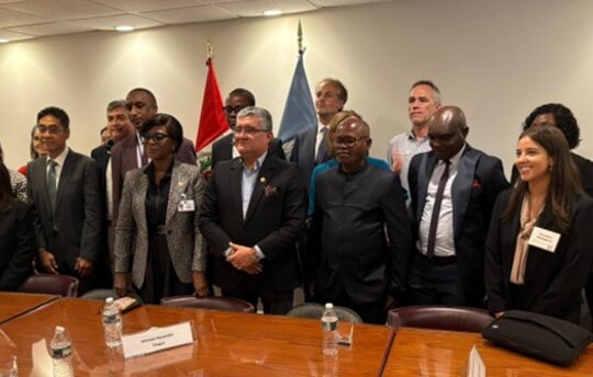 Umweltminister*innen sowie Führungskräfte aus NGOs und der Privatwirtschaft bei der Ständigen Vertretung Perus bei den Vereinten Nationen in New York.