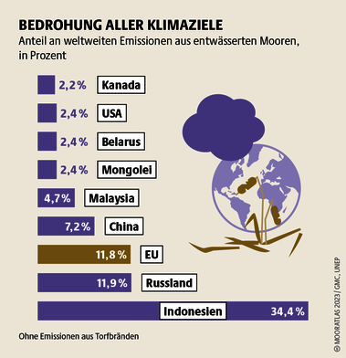 2015 kam es in Indonesien zu Moorbränden, deren freigesetzte Menge an Treibhausgasen größer war als die gesamten jährlichen Emissionen von Japan. Quelle: Mooratlas Böll/BUND/Succow-Stiftung