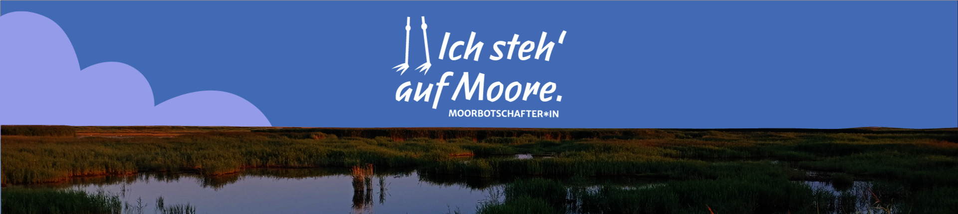Banner Moorlandschaft mit Slogan "Ich steh' auf Moore." mit Kranichbeinen Schriftzug "Moorbotschafter*in"