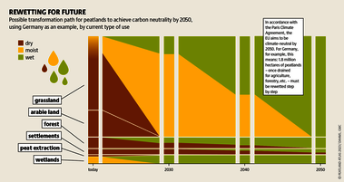 Studies show without doubt: If rewetting of peatlands is delayed, it will be impossible to achieve the 1.5-degree target. Source: Peatland atlas Böll/BUND/Succow-Stiftung