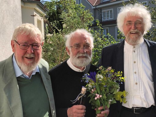 90. Geburtstag von Lebrecht Jeschke am 15. Mai 2023, mit seinen Weggefährten Michael Succow und Hans Dieter Knapp (Foto: U. Kluge)