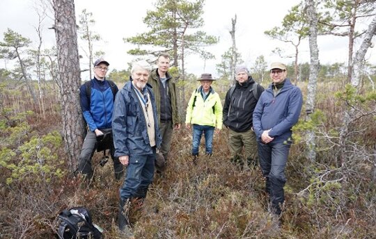 Gruppenfoto in einem weniger geschädigtemTeil von Leidissoo; von links nach rechts: Mihkel Järveoja (RMK), Mati Ilomets (Universität Tallinn), Ants Animägi (RMK), Michael Bellwinkel (PlanBe), Kaupo Kohv (RMK) und Kristjan Tõnisson (RMK). (Foto: A. Haberl)