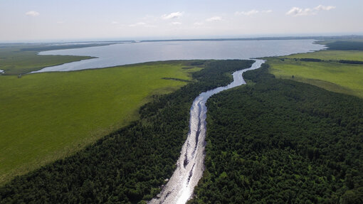 Aerial view Pichori river into Paliastomi sea (c) Paata Vardanishvili