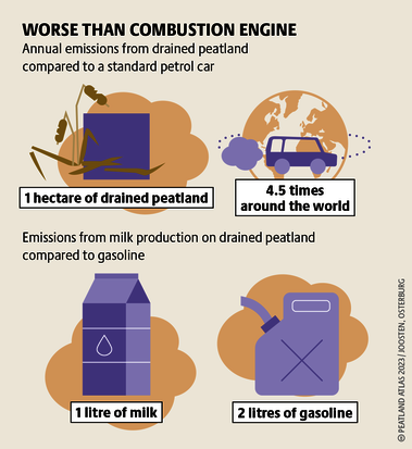 A car driving 280 billion kilometers does not emit more CO₂ than drained peatlands in Germany every year. Source: Peatland atlas Böll/BUND/Succow-Stiftung