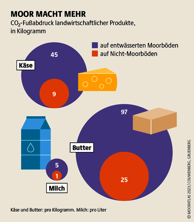 Bezieht man den CO₂-Preis mit ein, könnten Äcker und Grünland auf Moorböden kaum rentabel sein. Doch Folgekosten werden ausgelagert. Quelle: Mooratlas Böll/BUND/Succow-Stiftung 