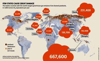 CO₂-equivalent is a unit of measurement comparing the climatic effect of greenhouse gases such as methane (CH₄), nitrous oxide (N₂O) and carbon dioxide (CO₂). Source: Peatland atlas Böll/BUND/Succow-Stiftung