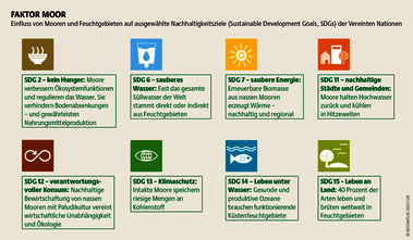 Im Kampf gegen Ungleichheit und Raubbau haben sich die Vereinten Nationen 17 Nachhaltigkeitszielen verpflichtet. Erreichbar sind sie nur mit Moorschutz. Quelle: Mooratlas Böll/BUND/Succow-Stiftung